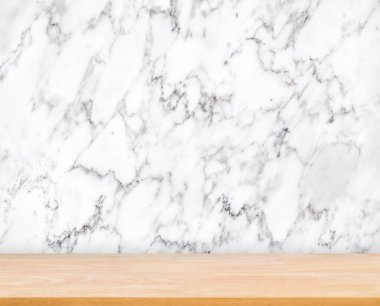 Abstract Natural wood table texture on white luxurious marble background : Top view of plank wood for graphic stand product, interior design or montage display your product