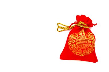 Kırmızı çantadaki para beyaz arka planda. Çin Yeni Yılı 'nda şans ve mutluluk için tebrik kartları..