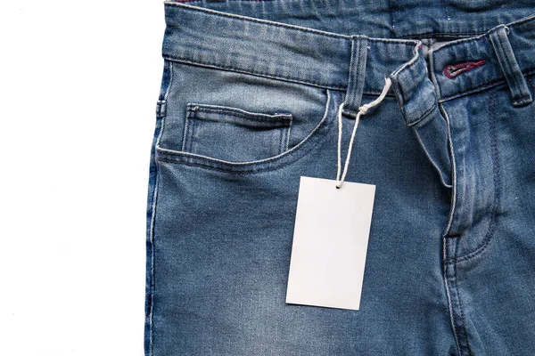 Blue Jean Blank Label Filling Texts White Tag Jean Fashion — Stock Photo, Image
