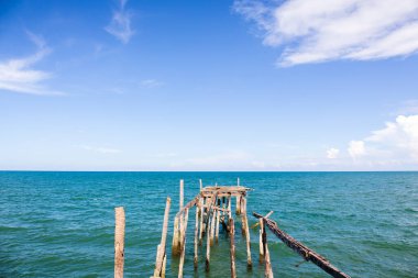 Sahil ve deniz yüzeyinde açık mavi deniz bulutları var. Okyanus küçük dalgaları olan manzara metin için su yansıtma alanı. Turizm, web sitesi ya da reklam için. Andaman Denizi, Tayland.