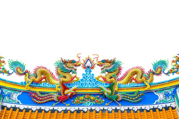 Chinese Style Twin Dragons Statue Roof Chinese Temple Isolated White — Stock Photo, Image