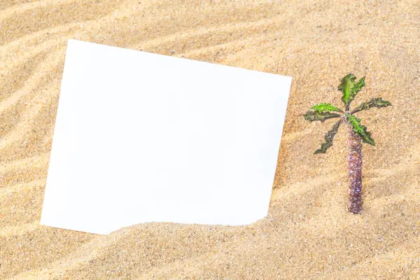 year, Summer style with empty blank paper on a sea sand. white card background for add text. Backdrop summer concept.