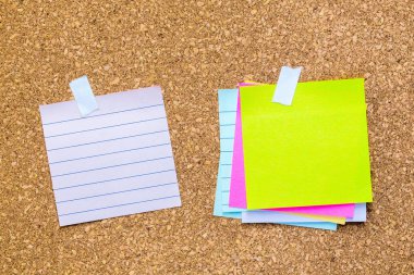 paper note on cork board. cork board with blank notes. sticker note