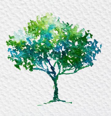 Arkaplan için doku kağıdına kopyalama alanı olan suluboya ağacı veya metin iletisi ekle. Tebrik kartları için el çizimi, kartpostallar. Eko kavramı