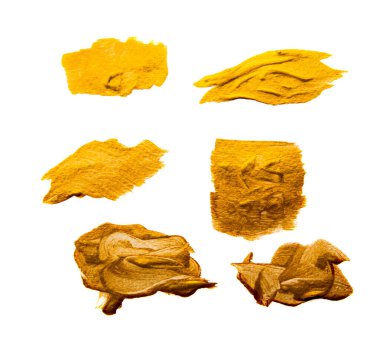 Abstract gilded acrylic paint gold brush strokes on white background copy space for text or art work design.