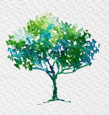 Arkaplan için doku kağıdına kopyalama alanı olan suluboya ağacı veya metin iletisi ekle. Tebrik kartları için el çizimi, kartpostallar. Eko kavramı