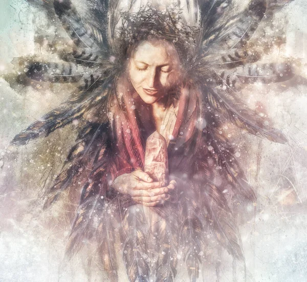 Krásná Šamanka Přírodě Obřad Zemi Žena Drží Rukou Velký Růžový — Stock fotografie