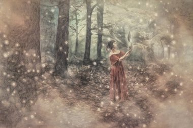 Derin mistik sisli ormanda, elinde geyik boynuzuyla tüyleri olan bir şaman kadın. Tüylü yelpaze törenler sırasında izlenmek için kullanılır. Resim efekti