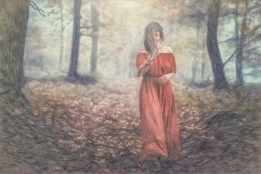 Derin mistik sisli ormanda, elinde geyik boynuzuyla tüyleri olan bir şaman kadın. Tüylü yelpaze törenler sırasında izlenmek için kullanılır. Resim efekti