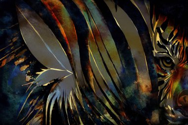 Suluboya kaplan resmi, soyut renk arkaplanı, göz teması. Dijital sanat