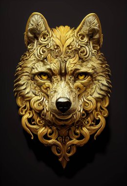 Altın çizgili kurt kafası sanatı. Dijital sanat