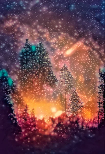 Watercolor spruce forest. Digital art