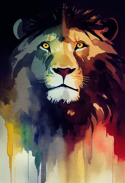 illustration of watercolor lion, abstract color background, eye contact. Digital art