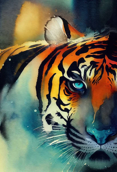 illustration of watercolor tiger, abstract color background, eye contact. Digital art