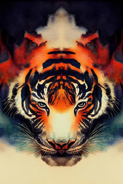 illustration of watercolor tiger, abstract color background, eye contact. Digital art