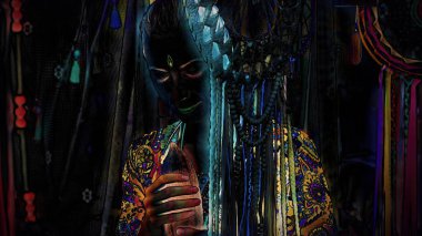 Kakao töreni, kalp açıcı tıp. Şaman tören alanı. Elinde kakao çekirdeği olan bir kadın ve grafik daire etkisi.