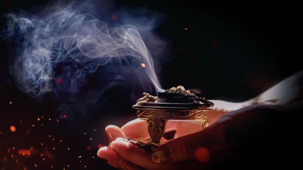 Incense Woman Hand Incense Smoke Black Background — Stock Video