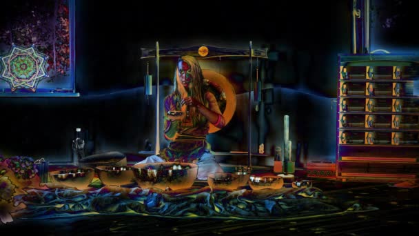 Красивая Женщина Играет Тибетской Чаше Церемониальное Пространство Эффект Живописи — стоковое видео