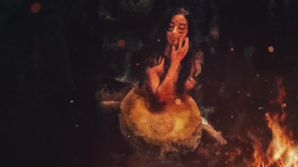 Beautiful Shamanic Girl Playing Shaman Frame Drum Nature Painting Effect — Stock Video