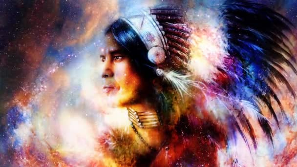 Krásný Mladý Indiánský Válečník Kosmickém Prostoru Malířská Koláž — Stock video