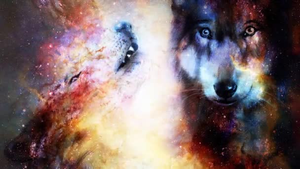 Zauberhafter Weltraumwolf Malerei Und Grafische Collage — Stockvideo