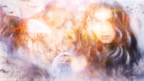 Diosa Mujer Águilas Espacio Cósmico Efecto Fuego — Vídeos de Stock
