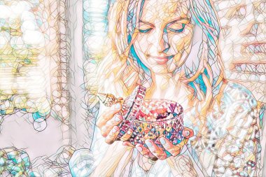 young beautiful woman with rose flowers in her hands. Painting effect