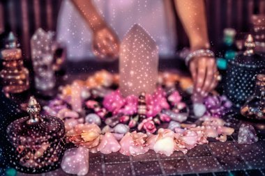 beautiful altar with crystals and rose flowers. Painting effect