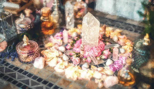 stock image beautiful altar with crystals and rose flowers. Painting effect