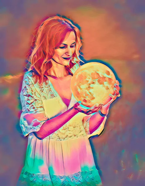 Woman holding a big glowing sphere moon. Painting effect