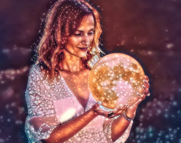 Woman holding a big glowing sphere moon. Painting effect