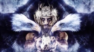 Saç bandı ve geyik kafatasına sahip güzel bir şaman.