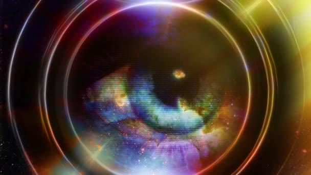 Γυναίκα Μάτι Και Κοσμικό Χώρο Αστέρια Αφηρημένο Χρώμα Φόντου Οπτική — Αρχείο Βίντεο