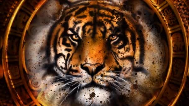 Starożytnego Kalendarza Majów Tygrys Głowa Kolor Tła Komputer Kolaż Kontakt — Wideo stockowe
