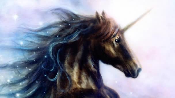 Koń Czarny Jednorożec Przestrzeni Ilustracja Kolor Streszczenie Tło Portret Profil — Wideo stockowe