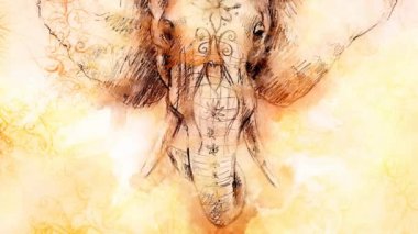 Elephant with floral ornament and softly blurred watercolor background. Loop Animation