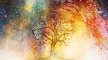 Yaşam ağacı ve uzay arkaplanı, yggdrasil. Döngü Canlandırması