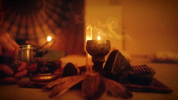 Espacio Ceremonia Cacao Medicina Para Abrir Corazón Quemar Incienso Altar — Vídeos de Stock