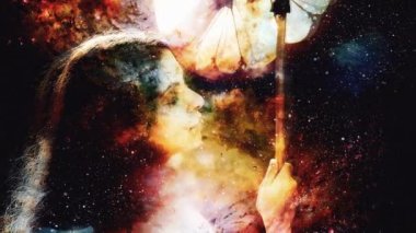 Soyut yapılandırılmış arkaplanda çerçeve davulu olan şamanik kız