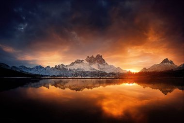 Gün batımında dağları ve gölü olan güzel bir manzara. Dijital sanat