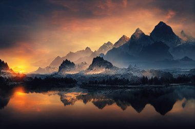 Gün batımında dağları ve gölü olan güzel bir manzara. Dijital sanat