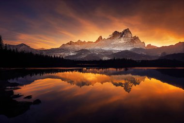 Gün batımında dağları ve gölü olan güzel bir manzara. Dijital sanat