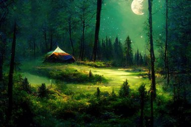 Ay ışığıyla aydınlatılmış güzel bir gece çadırı. Dijital sanat
