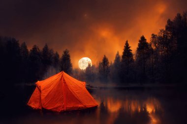 Ay ışığıyla aydınlatılmış güzel bir gece çadırı. Dijital sanat