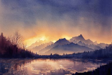 Dağları ve gölü olan güzel bir manzara, suluboya stili. Dijital sanat