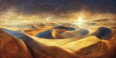 Güneş ışığındaki çöl kumulları. Dijital sanat