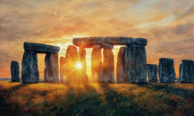 Gün doğumunda Stonehenge 'de. Dijital sanat