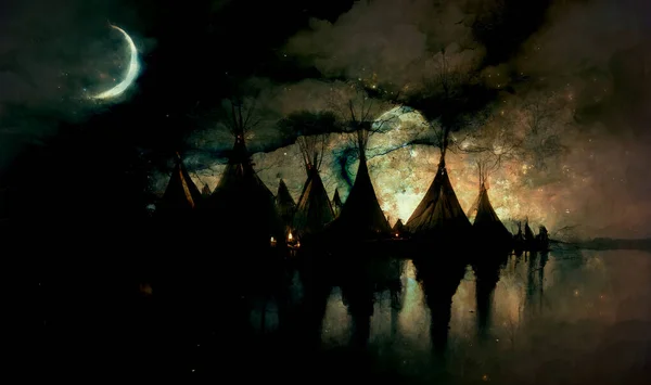 Teepee Indian Tent Standing Beautiful Night Landscape Digital Art — Stock Photo, Image