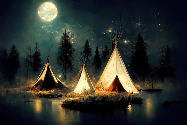 Tente Indienne Tipi Debout Dans Beau Paysage Nocturne Art Numérique — Photo