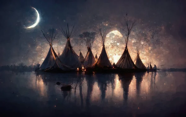 Teepee Indiantält Stående Vackert Nattlandskap Digital Konst — Stockfoto